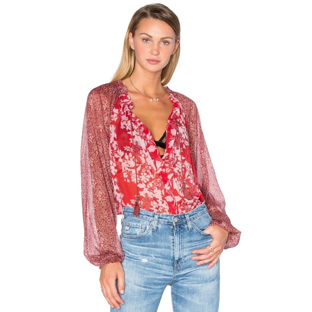 Free People Hendrix Red Floral Boho Peasant Tasseled Blouse Size XS